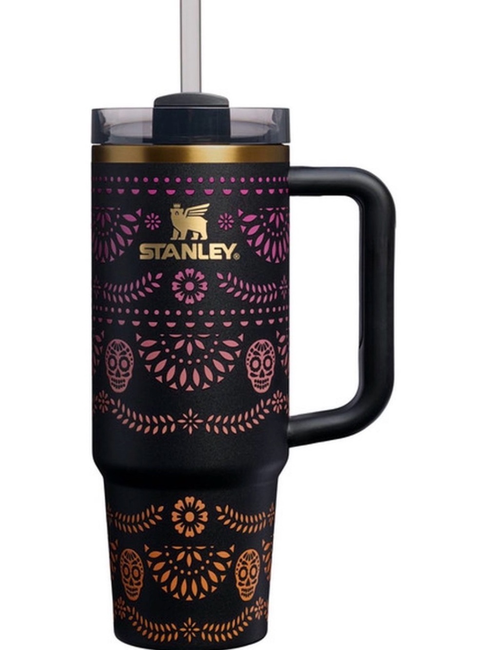 Stanley Black Tumbler with Pink and Gold Floral Day of the Dead Design - Picture 2 of 6